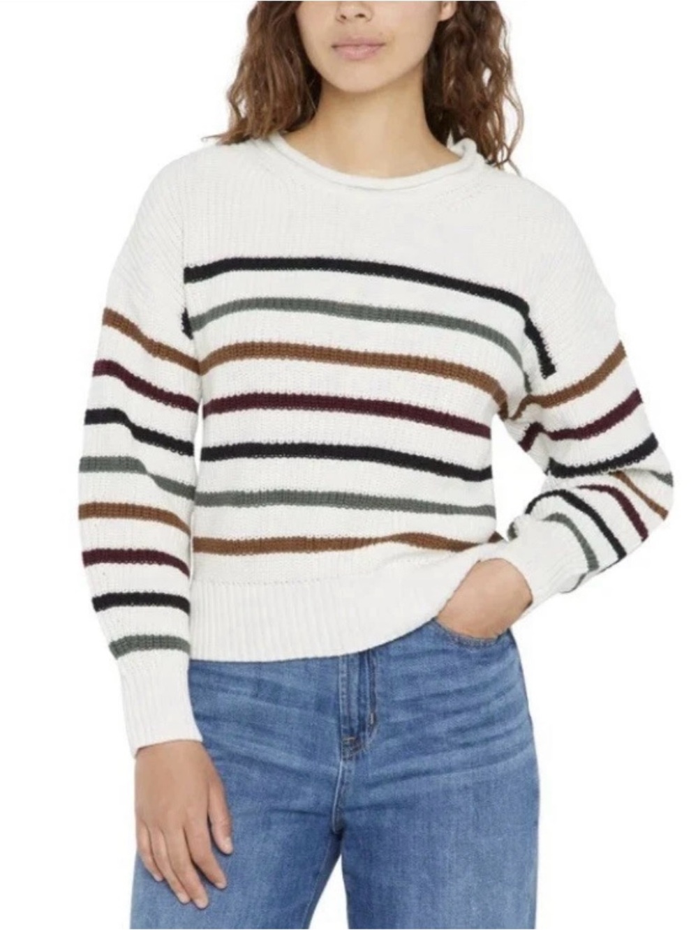 GAP Women's Roll Neck Sweater Cream Multi Stripe, L, 100% Cotton, Soft